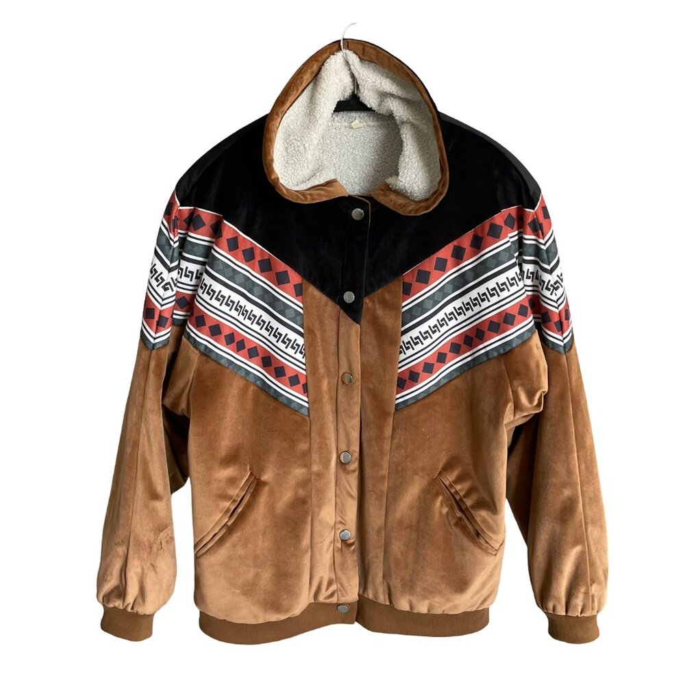 Velvet Jacket Button Up Brown Black Aztec Sherpa Boxy Fleece Women Small Medium